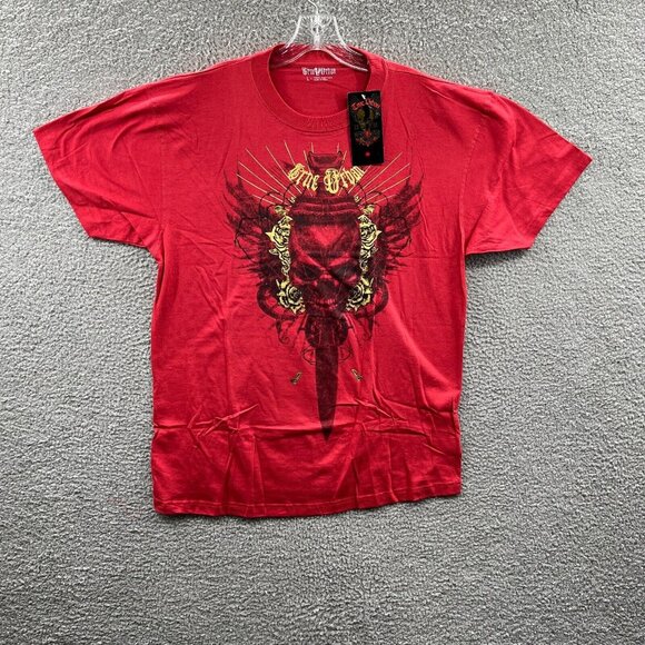 True‎ Urban Mens Shirt Large Red 100% Cotton Short Sleeve Pullover Skull NWT - Picture 1 of 11